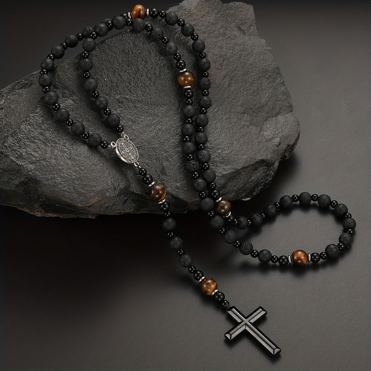 Dravon | Uniseks spirituele kralenketting met kruis | Zwart
